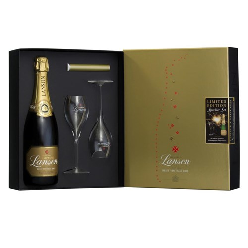 Lanson Gold Label Vintage 2002 Champagne and Flutes Gift Box - Perfect Gift